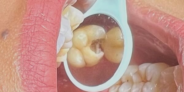 Sebelum tambal gigi: terlihat lubang gelap pada permukaan gigi geraham.